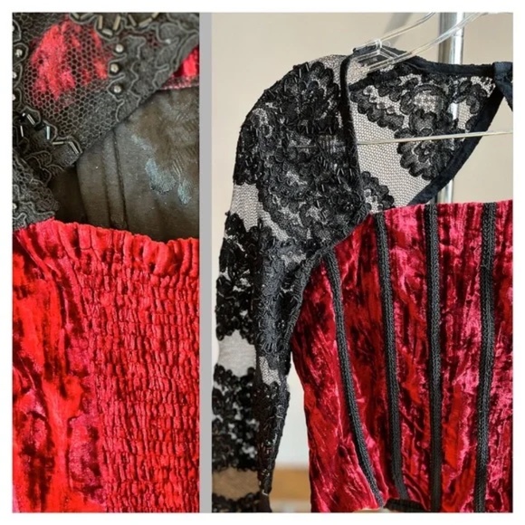 Vintage KATZ Womens Set Handmade Red Velvet Corset Top Lace Black Bead Skirt M - Picture 2 of 12